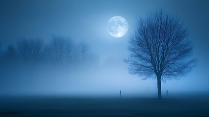 Fototapeta premium The moon glowing faintly through thin mist over a quiet cemetery at night