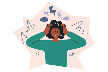 Stress and anxiety vector illustration in flat cartoon style. Frustrated woman holding her head, tension and headache. Perfect for concepts of mental health, emotions, and lifestyle