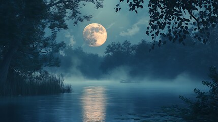 Naklejka premium The moon rising over a tranquil forest with soft mist filling the air