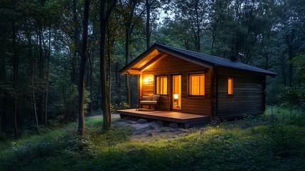 A wooden cabin in a forest lit by moonlight with warm light from the windows
