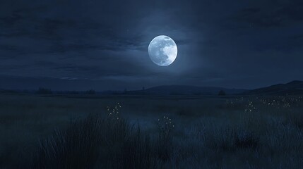 The moon casting a silvery light over a peaceful countryside field at night