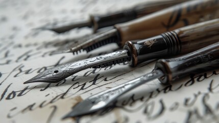 Fototapeta premium Timeless Elegance: A Close-Up of Artistic Fountain Pens on Vintage Manuscript