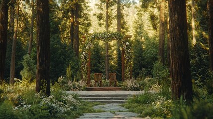 Enchanting Forest Wedding Altar with Wildflowers - Micro Wedding Concept Amidst Tall Trees