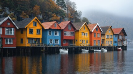Obraz premium Colorful wooden houses lined along a waterfront, reflecting autumn hues in a misty landscape.