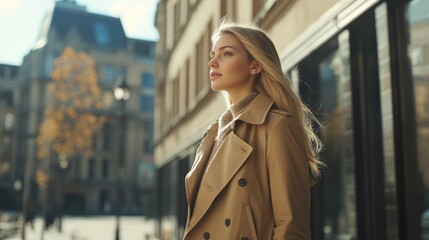 Fototapeta premium Beautiful Young Stylish Girl in Trench Coat Walking Autumn or Spring street. Autumn outdoor fashion.