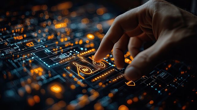 A man touches a digital screen with a virtual justice scale icon, representing law services or legal technology