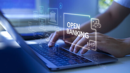 Close-Up of Hands Typing with Holographic 'Open Banking' Icons Depicting Digital Finance, financial technology, fintech, bank building icons

