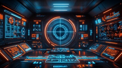 Obraz premium Futuristic Control Room with Glowing Interface and Circular Display