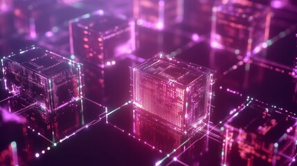A futuristic blockchain with illuminated data blocks and vibrant binary streams emphasizes innovation.