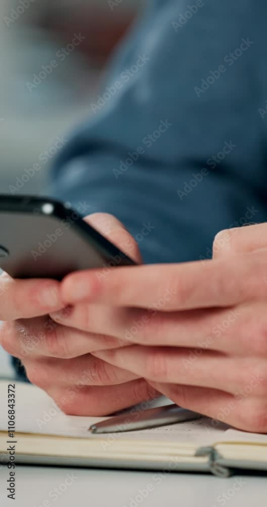 Poster office, person and hands with mobile for chat, online communication and connection with contact. clo