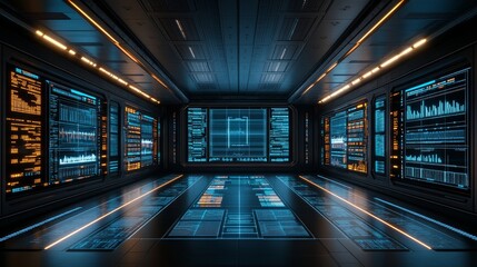Fototapeta premium Futuristic Control Room with Multiple Monitors Displaying Data and Graphs