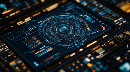Fototapeta premium Abstract futuristic technology interface with glowing circles and digital data