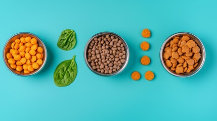 A colorful arrangement of pet food in bowls, featuring orange and brown kibble, with fresh spinach leaves on a bright turquoise background.