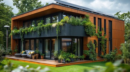 Fototapeta premium A modern apartment building features solar panels and green plants on balconies, promoting eco-friendly living