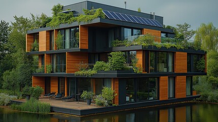 Fototapeta premium A modern apartment building features solar panels and green plants on balconies, promoting eco-friendly living
