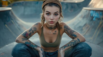 Determined female millennial in street style wear and with tattoos sitting on ground in skate park and looking at camera while relaxing at weekend