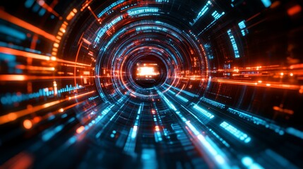 Abstract digital tunnel with glowing lines in orange and blue