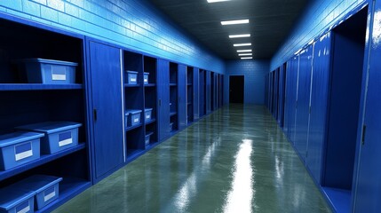 Fototapeta premium A long, blue hallway with lockers and shelves on both sides