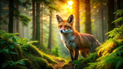 Naklejka premium Low Light Photography of a Fox in the Enchanted Forest of Bohemian Moravian Highlands, Capturing Nature's Serenity and Wildlife Beauty in Twilight Conditions