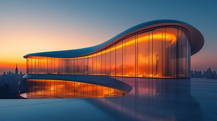 Obraz premium A modern curved glass building with a panoramic city view at sunset