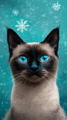 Fototapeta premium A striking Siamese cat with bright blue eyes, set against a teal backdrop adorned with snowflakes, capturing a wintery, enchanting vibe.