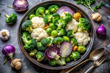 Minimalist Baked Vegetables: Healthy Purple Brussels Sprouts, Broccoli, Cauliflower, and Onions for Nourishing Meals