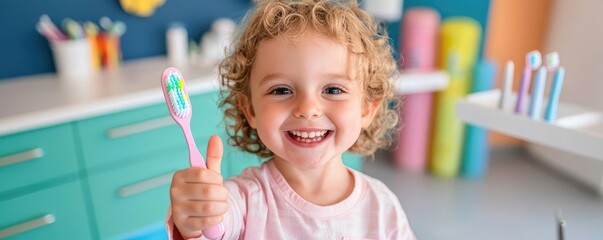 Happy child holding a toothbrush and giving a thumbs-up, colorful dental office setting, promoting healthy habits and dental care