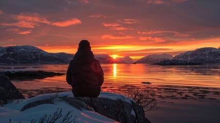 Tranquil Sunset Reflection Over Frozen Waters in Winter Landscape