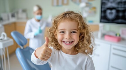 Smiling child giving a thumbs-up in a bright dental clinic, dentist in the background, symbolizing positive dental care experience