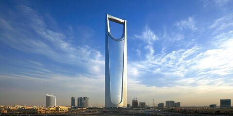 Kingdom Centre skyscraper in Riyadh with blue sky and scattered clouds