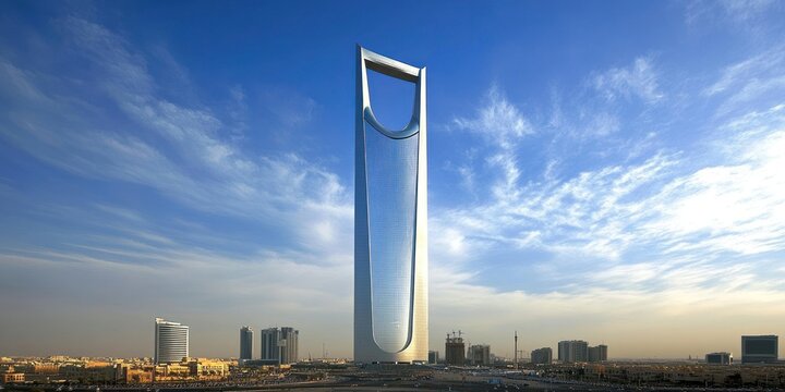 Kingdom Centre skyscraper in Riyadh with blue sky and scattered clouds