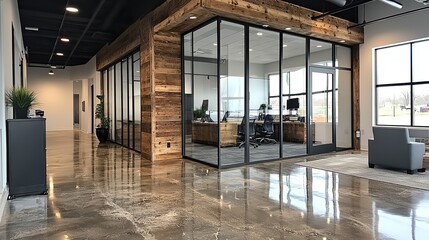 A modern office space with glass and wooden elements, creating a sleek and stylish environment
