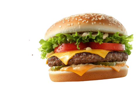 Delicious hamburger with melted cheese, fresh tomato and crisp lettuce on sesame seed bun