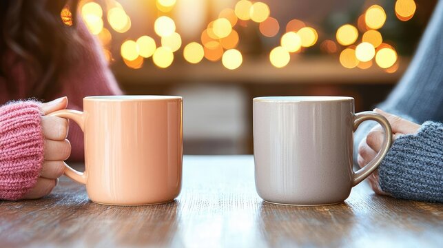 Two coffee cups placed between people sharing a heartfelt conversation, soft lighting, and warm tones, representing connection and comfort