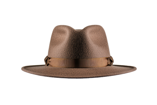 Stylish brown fedora hat with wide brim and elegant ribbon band. Perfect for fashion enthusiasts and outdoor events.  isolated on transparent background