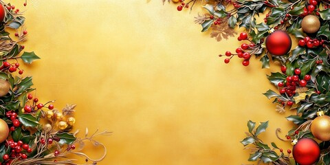 Golden Christmas Background with Red and Gold Baubles, Holly Leaves, Glittering Berries, and Decorative Holiday Branches – Festive Frame Banner  Design with Copy Space