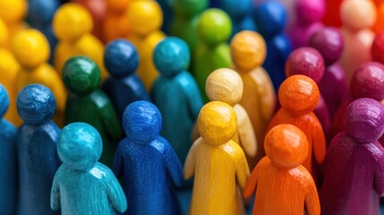 Colorful wooden figurines representing diverse community and inclusion