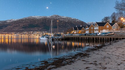 Starry Night Seascape Coastal Town Boats Mountains