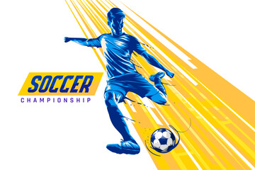 Football league banner design with soccer ball. Soccer or football player hitting ball. Soccer Banner Template design Vector. © Simanto