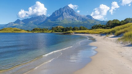 Scenic view of a beach with mountains and clear blue sky.
