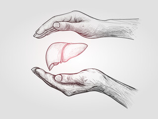 line Drawing Illustration of Hands protect the human liver. The concept of a healthy liver. line Drawing hands holding liver symbol on isolated background. Protecting against liver disease concept.