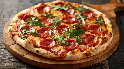 Pepperoni and Mozzarella Pizza with Salami, Tomato Sauce, Arugula, Spices on Dark Background