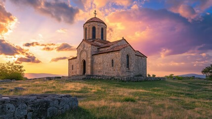Ancient church under dramatic sunset sky, symbolizing history, faith, and spirituality, warm light reflecting off stone walls, majestic atmosphere.