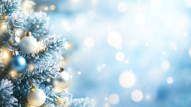 Christmas Tree With Ornaments In Blue And Defocused Lights - Baubles Hanging On Fir Branches With Glittering In Abstract Background