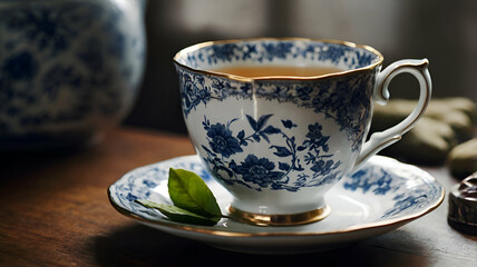 Fototapeta premium Tea cup illustration A delicate Victorian porcelain teacup and saucer, hand-painted with floral motifs in soft pastel colors, isolated on a pristine wooden table background.