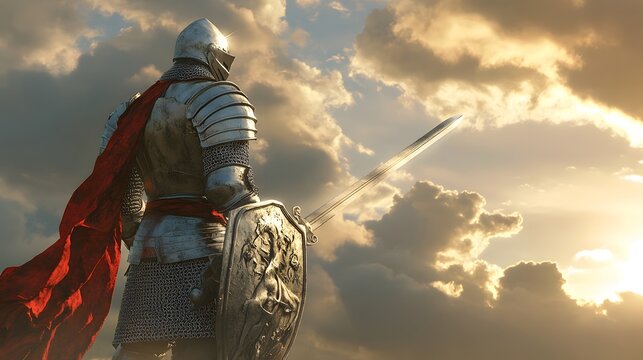 A lone knight in shining armor stands with sword and shield, gazing at a dramatic sunset sky.