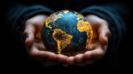 A pair of hands showcasing a glowing digital earth on a dark backdrop, symbolizing world connectivity and global networks