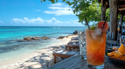 A panoramic image showcases colorful cocktails and tropical drinks on a sunny beach with a clear...