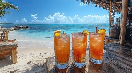 A panoramic image showcases colorful cocktails and tropical drinks on a sunny beach with a clear blue ocean