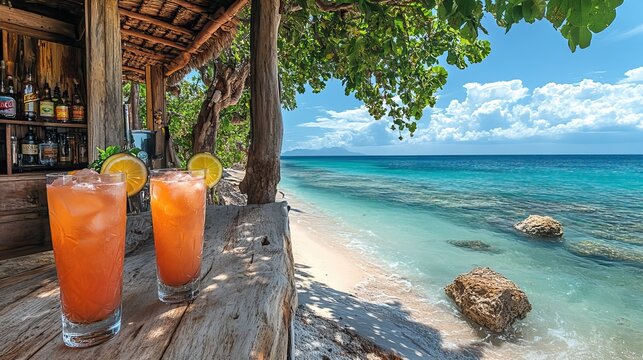 A panoramic image showcases colorful cocktails and tropical drinks on a sunny beach with a clear blue ocean